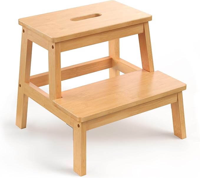 Bamboo 2 Step Stool for Kids & Adults, Wooden Kids Step Stool for Bathroom & Kitchen, Bed Steps for High Beds, Portable with Handle, Non-Slip & 350 Ibs Capacity