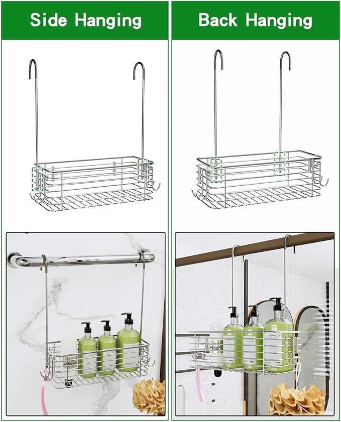Over Door Shower Caddy, Stainless Steel Bathroom Organizer with Rotating Hooks, Hanging Storage Basket for Shampoo