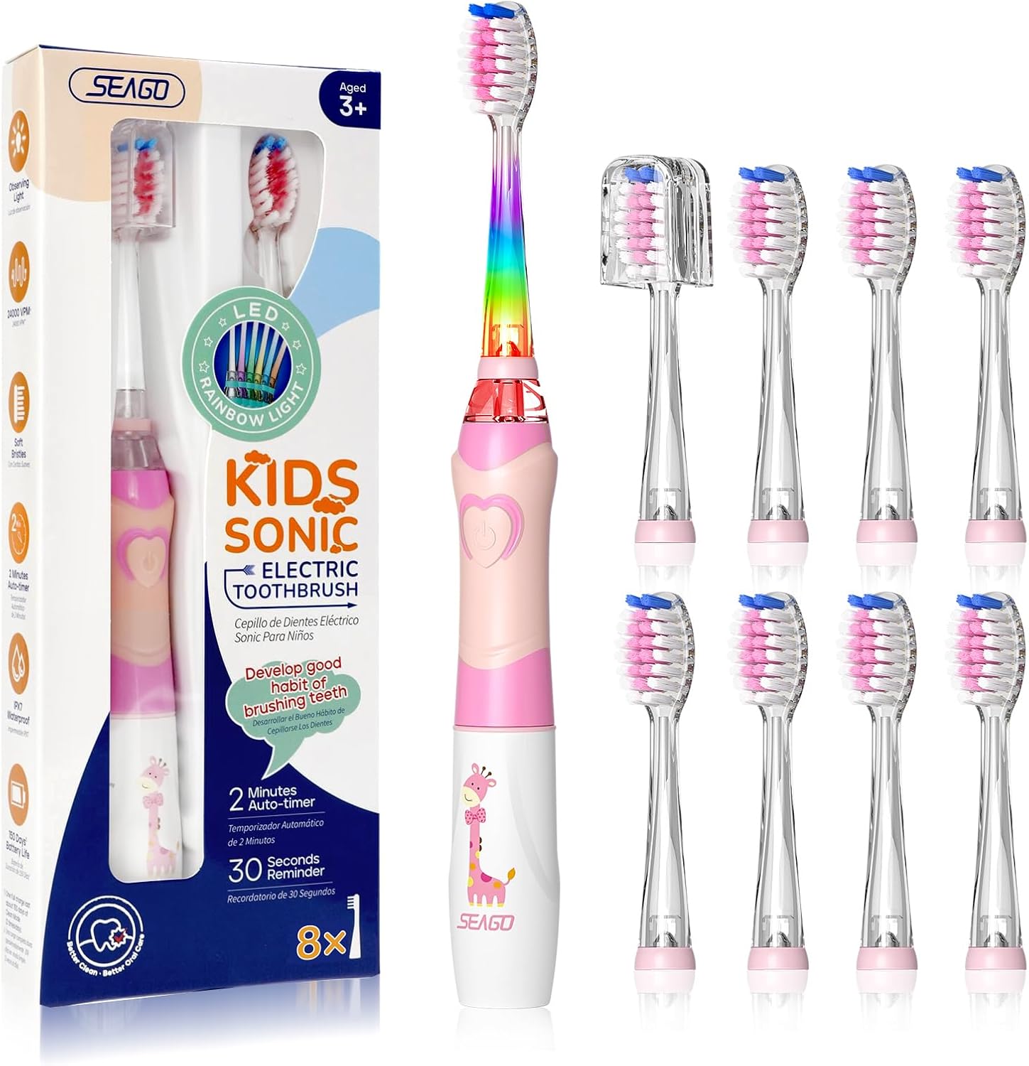 SEAGO Kids Electric Toothbrush with 2 Mins Brushing Timer and 8 Replacement Bursh Heads,Rainbow LED Light Make Brushing Fun, Pink Color Girls Battery Powerd Toothbrush for 4-12 Years Old