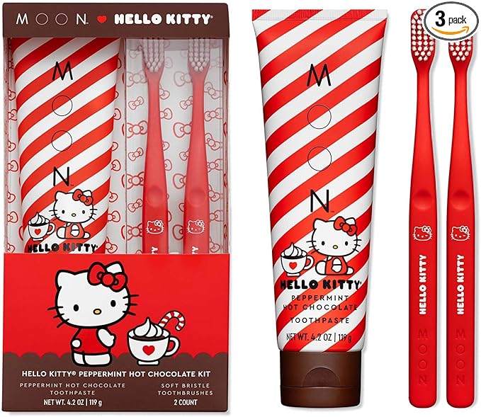 MOON x Hello Kitty Toothpaste, Peppermint Hot Chocolate Flavor, 4.2 Oz, No Fluoride or Sugar, Plus 2 Pack Extra Soft Bristle Toothbrushes, Gentle on Gums & Teeth for Adults & Children 2 Years+