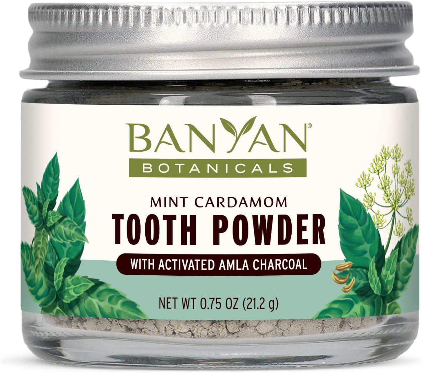 Banyan Botanicals Mint Cardamom Tooth Powder – Ayurvedic Fluoride-Free Toothpaste Alternative with Miswak & Activated Charcoal (from Amla) – 0.75oz, 80+ Uses – Non GMO Sustainably Sourced Vegan