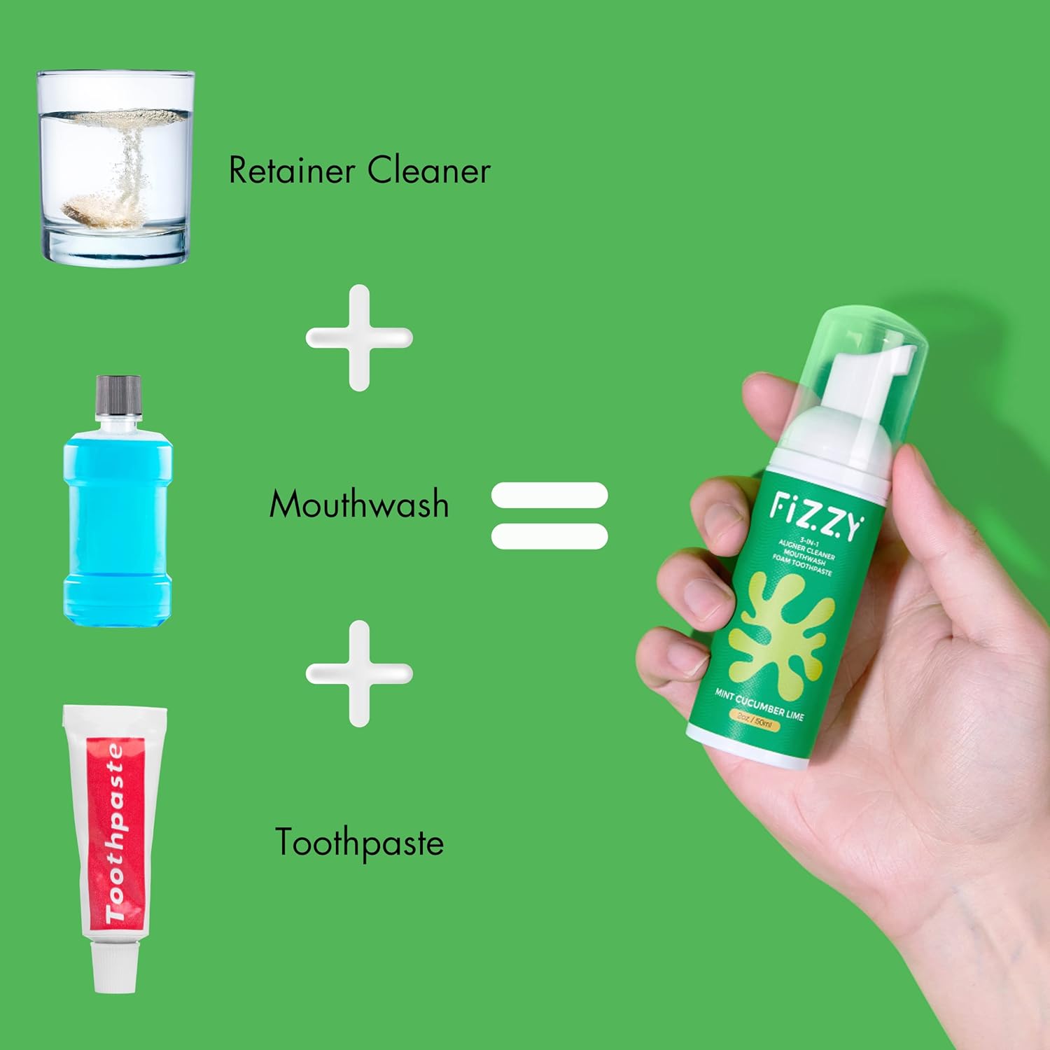 Fizzy 3-in-1 Foam Cleaner for Aligner, Retainer, Denture, Night Guard, MouthGuard, Invisalign | Free of Alcohol, SLS, Fluoride | Xylitol Mouthwash & Foam Toothpaste| Travel-Size, Mint Cucumber