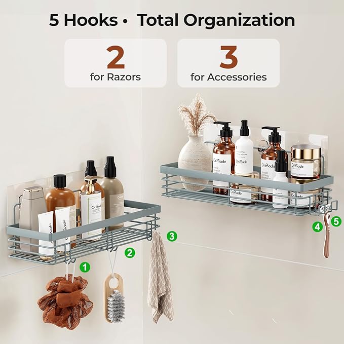 Orimade Shower Caddy with 5 Hooks for Hanging Razor and Sponge Adhesive Shower Shelf Basket Bathroom Storage Organizer Kitchen Rack No Drilling Stainless Steel Rustproof - 2 Pack, Light Blue Grey