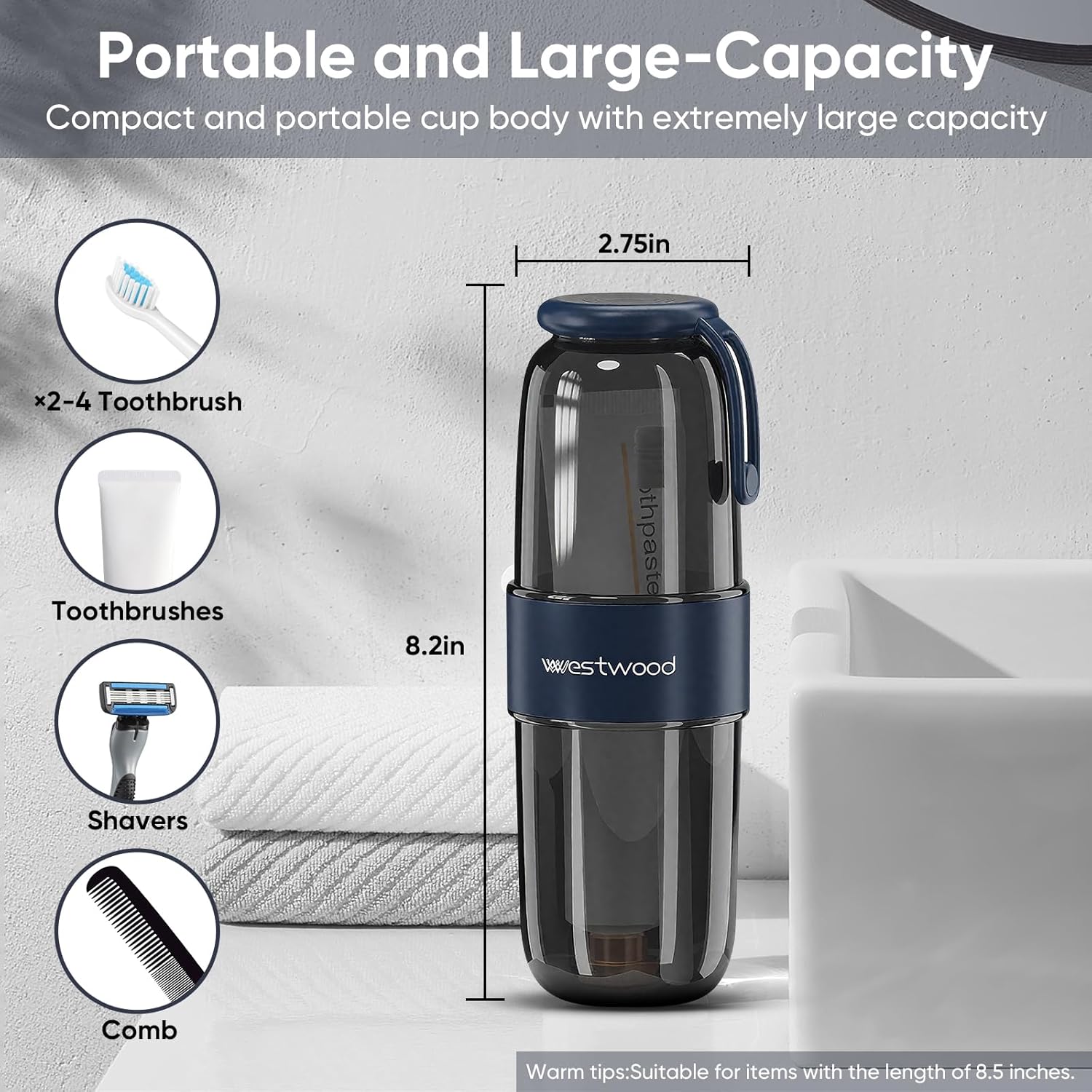 Westwood Travel Toothbrush Case Travel Toothbrush Holder with Cup, Large Toothbrush Container for Toothbrush Toothpaste Razor, Portable Toothbrush Holder with Cover for Home Business School (Black)