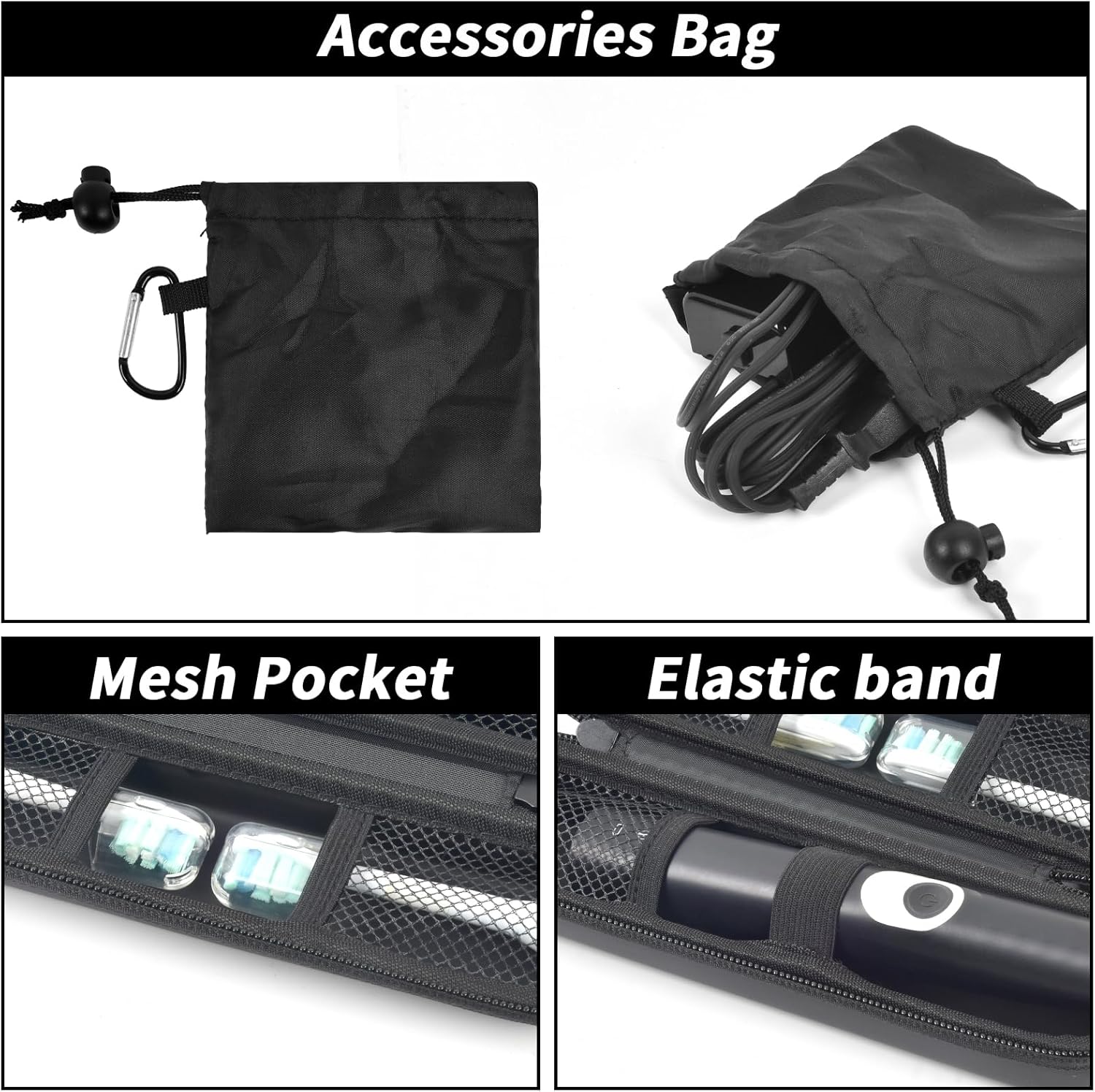 Toothbrush Travel Hard Case Compatible with Oral-B Pro 1000, 2000, 3000, 3500, 1500/ for Philips Sonicare ProtectiveClean 4100 5100 Electric Toothbrush with Mesh Pocket&Carabiner - Black (Bag Only)