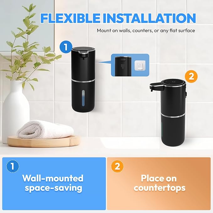 2 Pack Automatic Foaming Soap Dispenser,Touchless Foam Soap Dispenser,12.8oz Rechargeabled Wall Mounted Smart for Bathroom and Kitchen Dish Soap,Easy for Toddlers(Black)