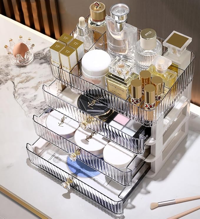 MIUOPUR Makeup Organizer with 3 Large Drawers, Countertop Organizer for Cosmetics, Ideal for Bathroom and Bedroom Vanity Countertops, Desk Storage Holder for Lipstick, Brushes and Nail Polish