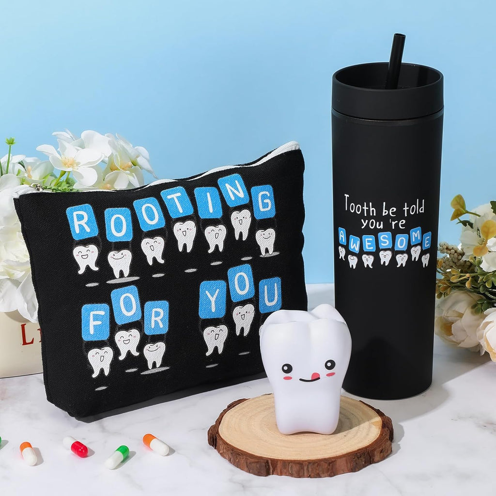 Skylety 3 Pcs Dental Hygiene Month Gifts Dental Assistant Hygienist Appreciation Gift 16oz Tumbler with Lid Cute Teeth Makeup Bag Stress Toy Employee Thank You Dentist Coworker Nurse Student(Black)