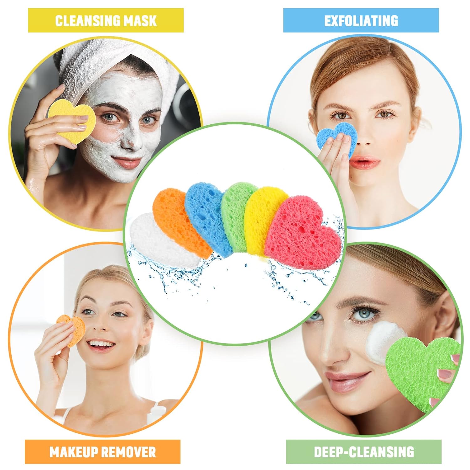 Nuenen 60 Pieces Facial Sponges with Container, Heart Shape Compressed Face Sponges Natural Cleaning Pads for Washing Face Cleaning Exfoliating Esthetician Makeup Removal(Multi Colors)