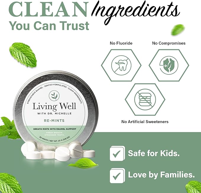 Living Well with Dr. Michelle RE-Mints – Remineralizing Breath Lozange with Hydroxyapatite + Xylitol – Fluoride-Free, Dentist-Developed, Enamel Support, Clean Ingredients – 30 Count