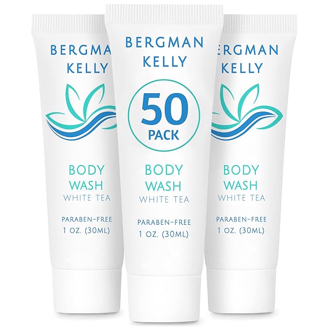 BERGMAN KELLY Travel Size Body Wash (1 fl oz, 50 PK, White Tea), Delight Your Guests with a Revitalizing and Refreshing Hotel Body Wash, Quality Mini and Small Size Guest Hotel Toiletries in Bulk