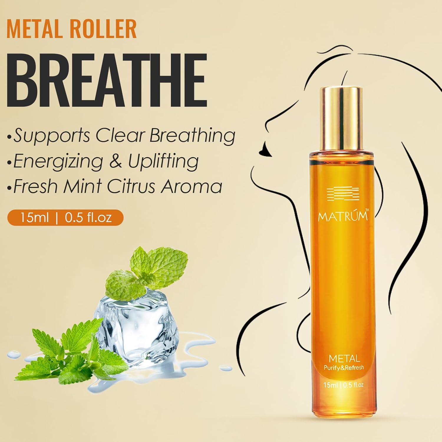 MATRUM Breathe Essential Oil Roll On, 100% Pure Fresh Mint Citrus Aromatherapy Blend Oil for Clear Breathing & Uplifting, Headache Relief, Calm & Focus, Metal Roller, 0.5 Fl Oz