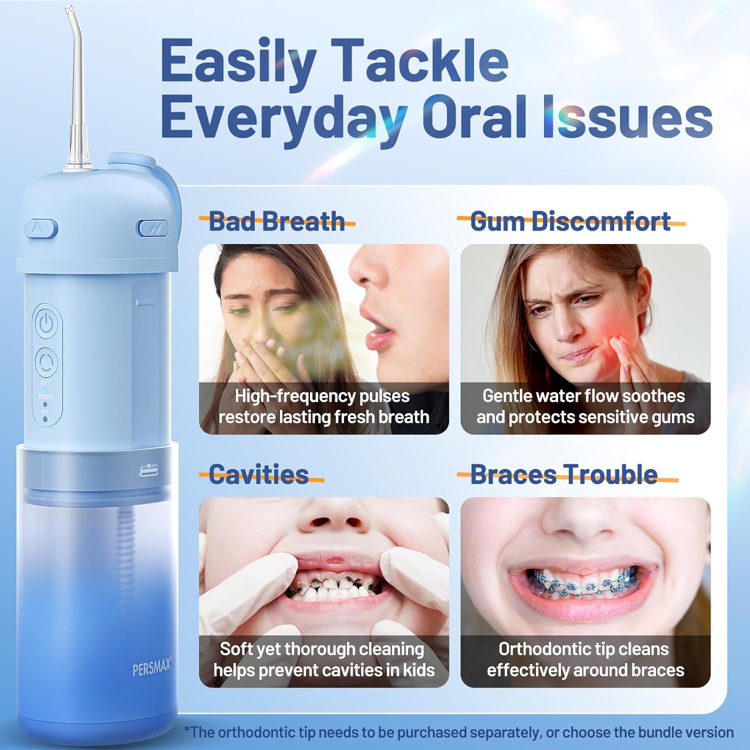 Portable Water Flosser for Teeth Cleaning - Cordless Dental Pick Electric Oral Irrigator for Travel, Kids, with 3 Modes 8 Pressure Settings, 2 Tips, 150ML, Mini Size, IPX7, Gradient Blue