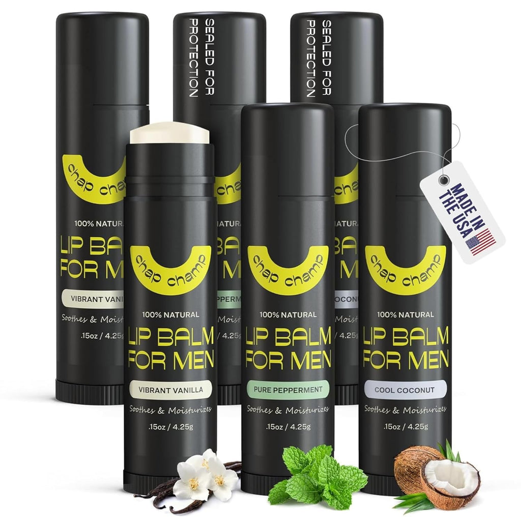 Lip Balm for Men - All Natural Mens Chapstick - Mens Lip Balm - Contains Vitamin E and Beeswax - Chapstick for Men - Peppermint, Coconut & Vanilla Lip Balm - Lip Balm Men (6 pack)