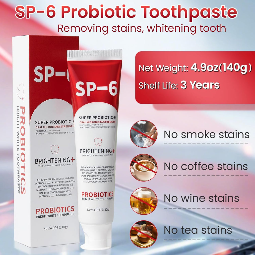 SP-6 Probiotic Whitening Toothpaste, SP-6 Probiotic Toothpaste, Enhanced Formula with 6 Probiotics for Teeth Whitening/Brightening, Enamel-Safe, Fluoride-Free, Fresh Mint Flavor, 4.9oz (1)