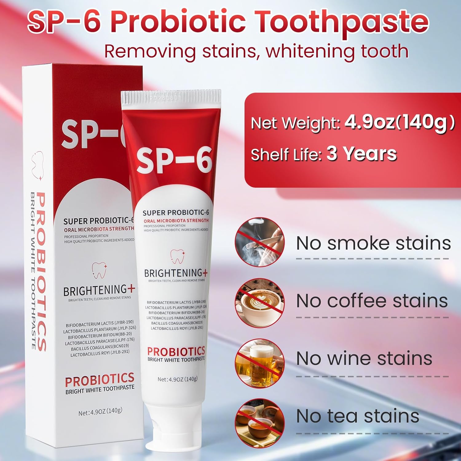 SP-6 Probiotic Whitening Toothpaste, SP-6 Probiotic Toothpaste, Enhanced Formula with 6 Probiotics for Teeth Whitening/Brightening, Enamel-Safe, Fluoride-Free, Fresh Mint Flavor, 4.9oz (1)