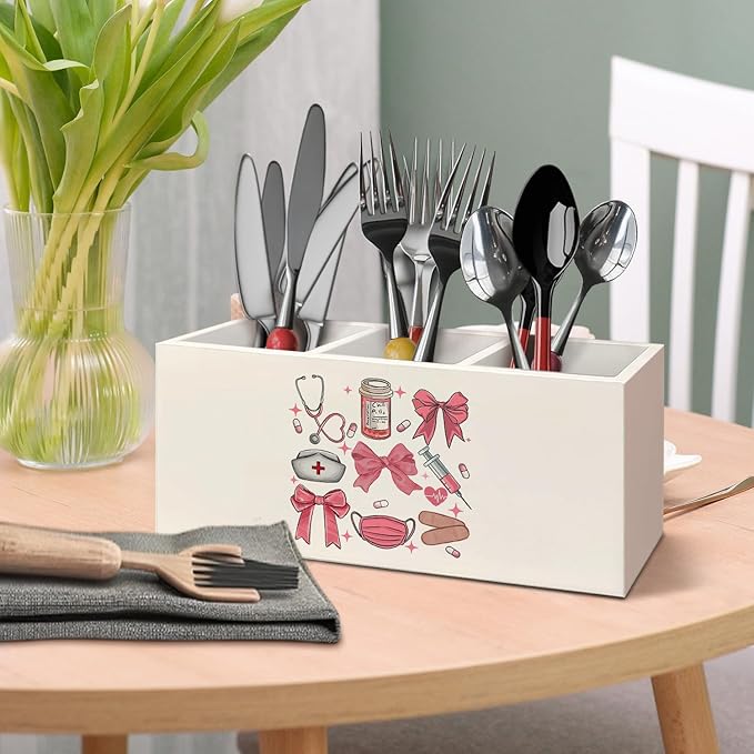 Nurse Gifts Wooden Pen Pencil Holder for Desk Accessories, Nurses Week Gifts for Women, Coquette Pink Bow Nursing Wood Makeup Brush Toothbrush Holder Organizer for Vanity Bathroom