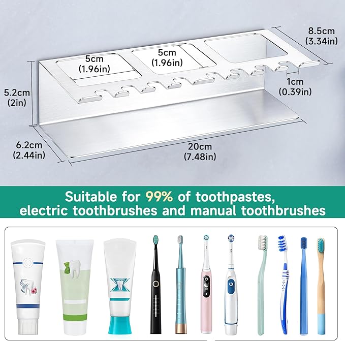 Electric Toothbrush Head Holders, Electric Toothbrush Holders Wall Mounted, Shower Electric Head Holder, Toothbrush and Toothpaste Holder, Adhesive Tooth Brushing Holder for Bathroom (Silver, Large)