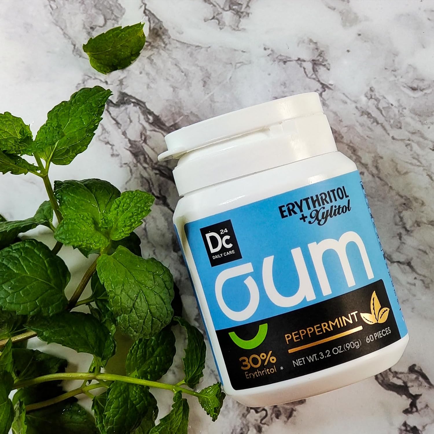 DC24 DAILY CARE Xylitol Chewing Gum with Erythritol, Aspartame Free & Sugar Free Gum, Low-Calorie, Sugarless, Natural Peppermint, 60 Pieces (Pack of 1)