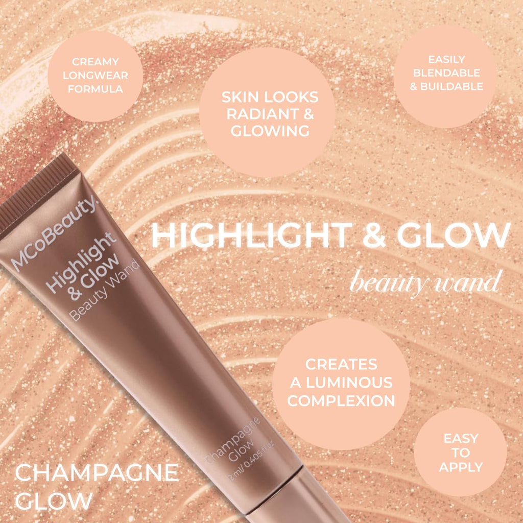 MCoBeauty - Highlight and Glow Beauty Wand - Buildable Liquid Highlighter - Champagne Shade - Liquid Cream with Cushion Applicator for Soft, Radiant Finish - Highlighters Makeup