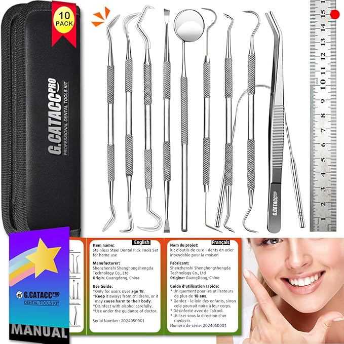 G.CATACC 10 Pack Dental Tools, Professional Plaque Remover for Teeth Cleaning Tools Set, Stainless Steel Hygiene Kit with Dental Pick Tooth Scraper Plaque Tartar Remover Tongue Cleaner - with Case