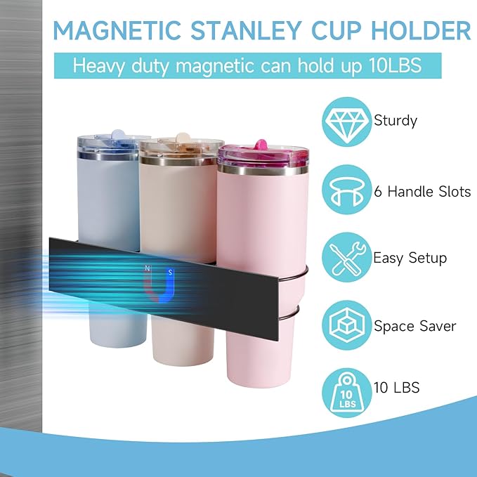 2 Pack Magnetic Cup Holder for Fridge, Water Bottle Organizer for Stanley 30oz and 40oz with Handle, Tumbler Organizer for Stanley Cup Accessories Lid, Heavy Duty Magnetic Cup Storage