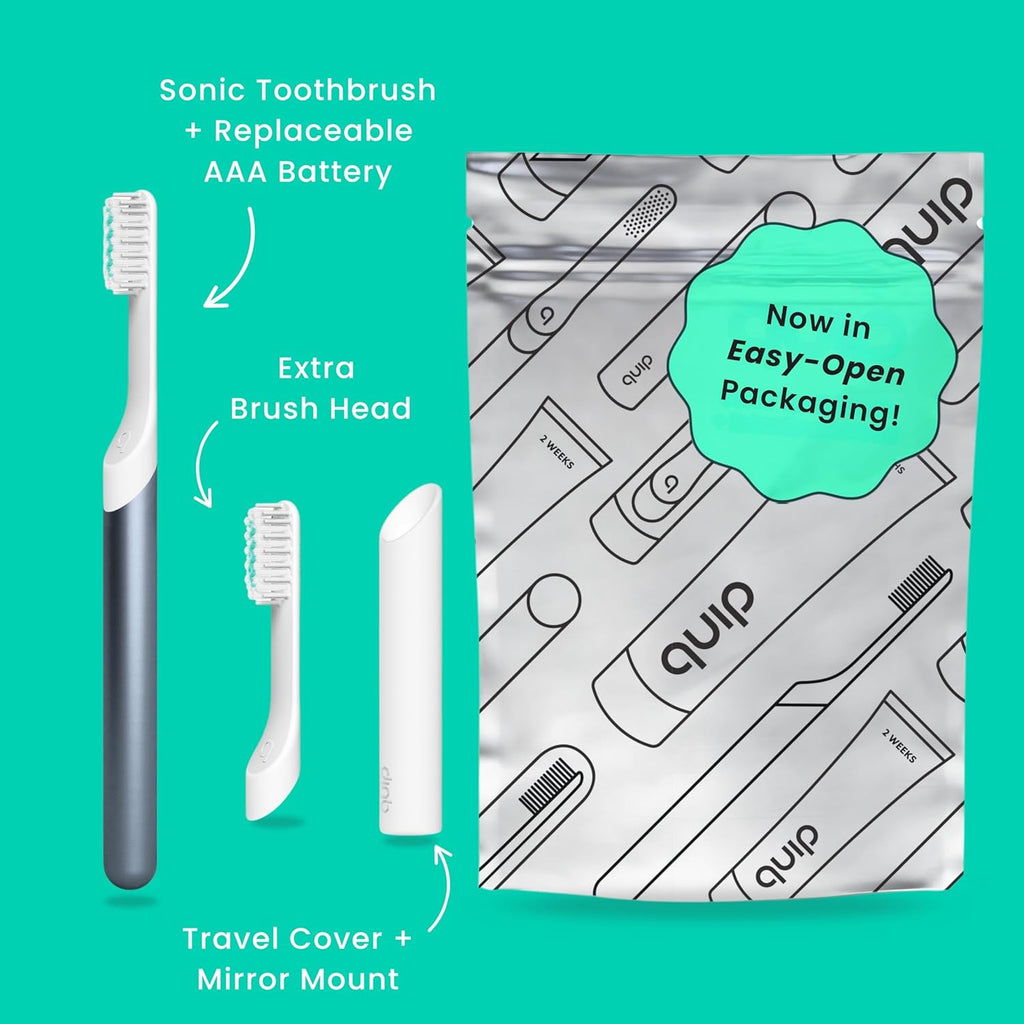 Quip Metal Sonic Electric Toothbrush for Adults - Time Travel & Soft Bristles with Travel Case & Replacement Brush Head - 3 Month Battery Life - Twilight Faded Blue