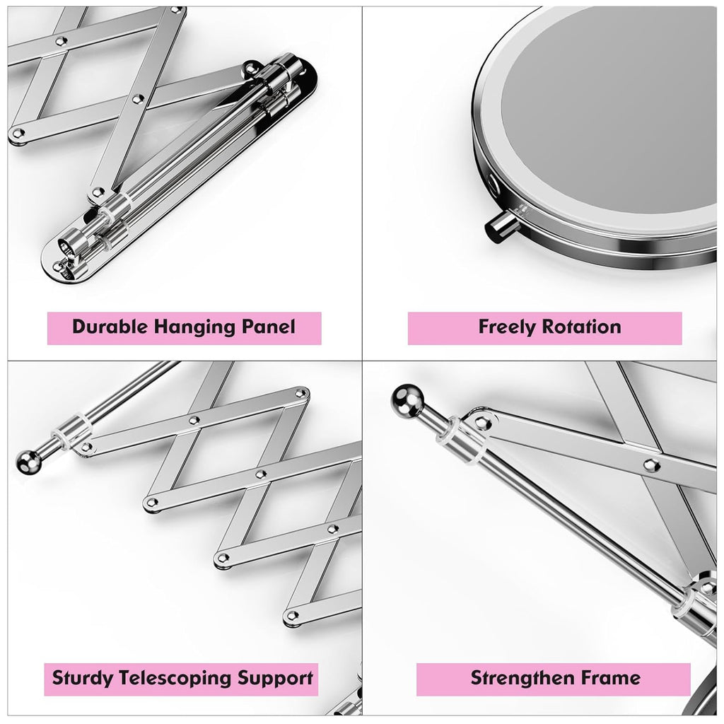 Rechargeable Wall Mounted Makeup Mirror - 8 Inch Double Sided 1X/20X Magnifying Mirror with 3 Color Lights Dimmable Touch Screen, 360°Swivel 19.6 Inch Extendable Accordion Bathroom Mirror