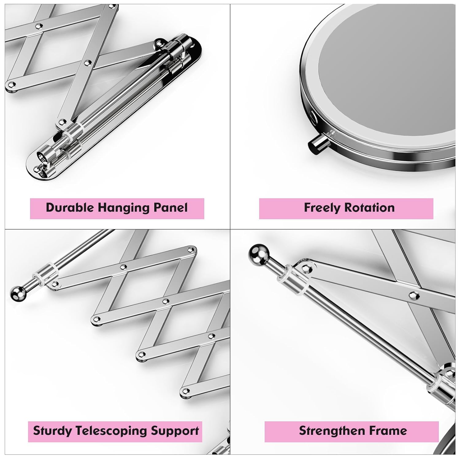 Rechargeable Wall Mounted Makeup Mirror - 8 Inch Double Sided 1X/20X Magnifying Mirror with 3 Color Lights Dimmable Touch Screen, 360°Swivel 19.6 Inch Extendable Accordion Bathroom Mirror