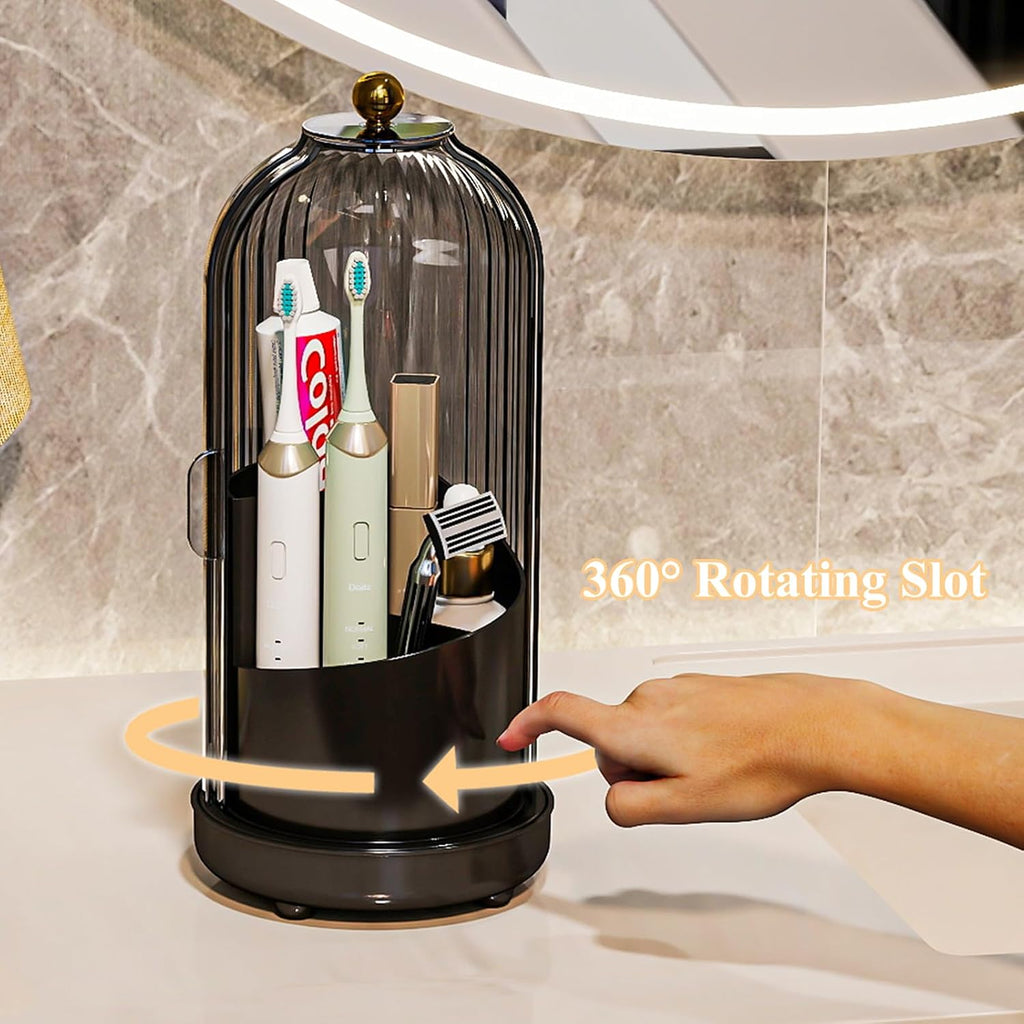 Toothbrush Holders with Cover, Drainage Rotating Electric Toothbrush Organizer, 3 Slots Tooth Brush Holder for Bathroom Counter, Gray Black