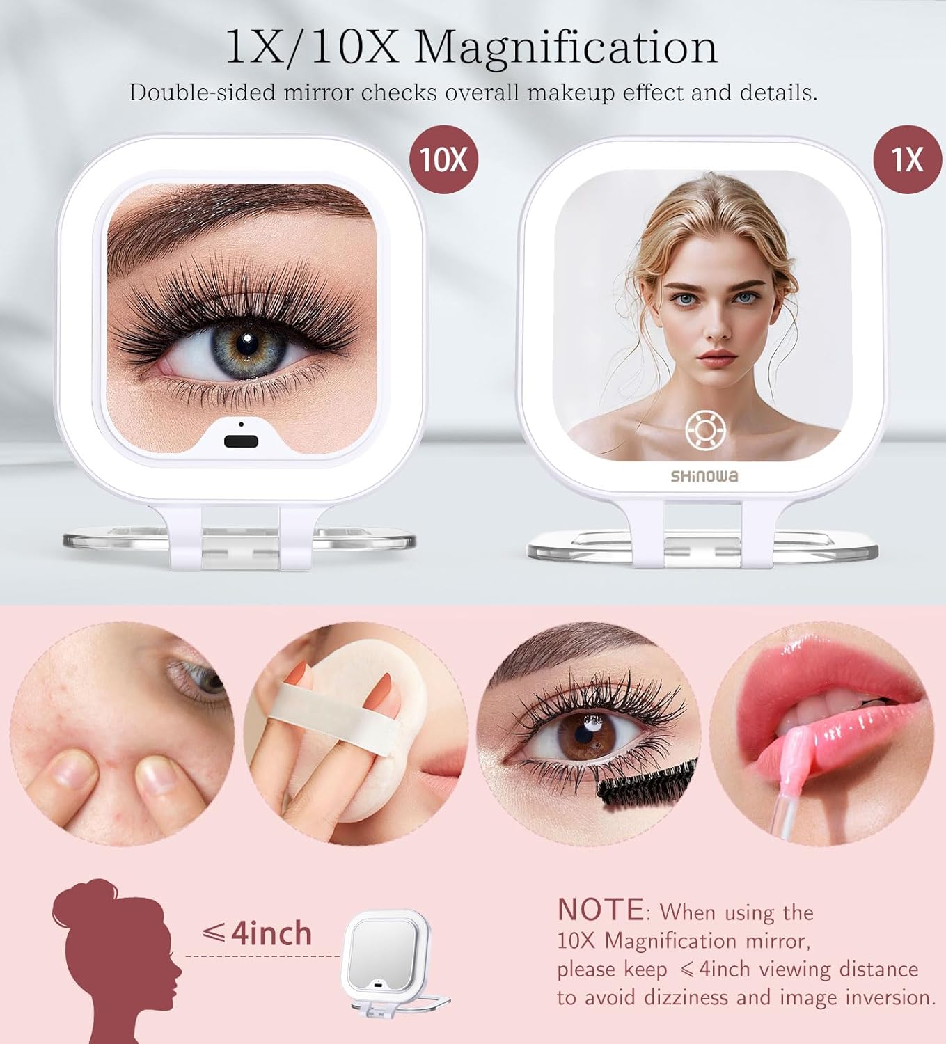 Shinowa Rechargeable Travel Makeup Mirror with 44 LED Lights, 1X/10X Magnifying Vanity Mirror with 3 Color Light, Folding Stand, 4 Inch Portable Dimmable Double Sided Compact Lighted Mirror, White