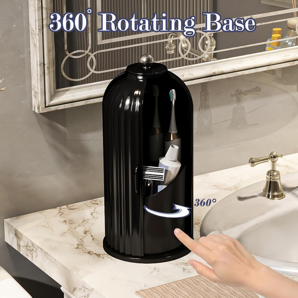 Dustproof Toothbrush Holders with Cover, Rotating Electric Toothbrush and Toothpaste Holder for Bathroom Countertop, 3 Slots Makeup Brushes Organizer, Solid Black