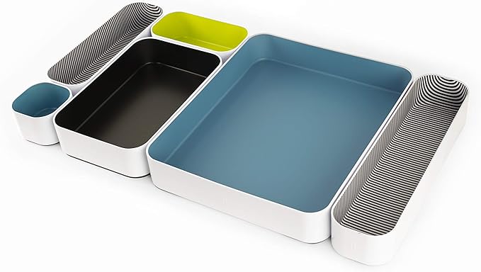 Three by Three Seattle 6 Piece Metal Organizer Tray Set for Storing Makeup, Stationery, Utensils, and More in Office Desk, Kitchen and Bathroom Drawers (2 Inch, Assorted Colors, Stripes)