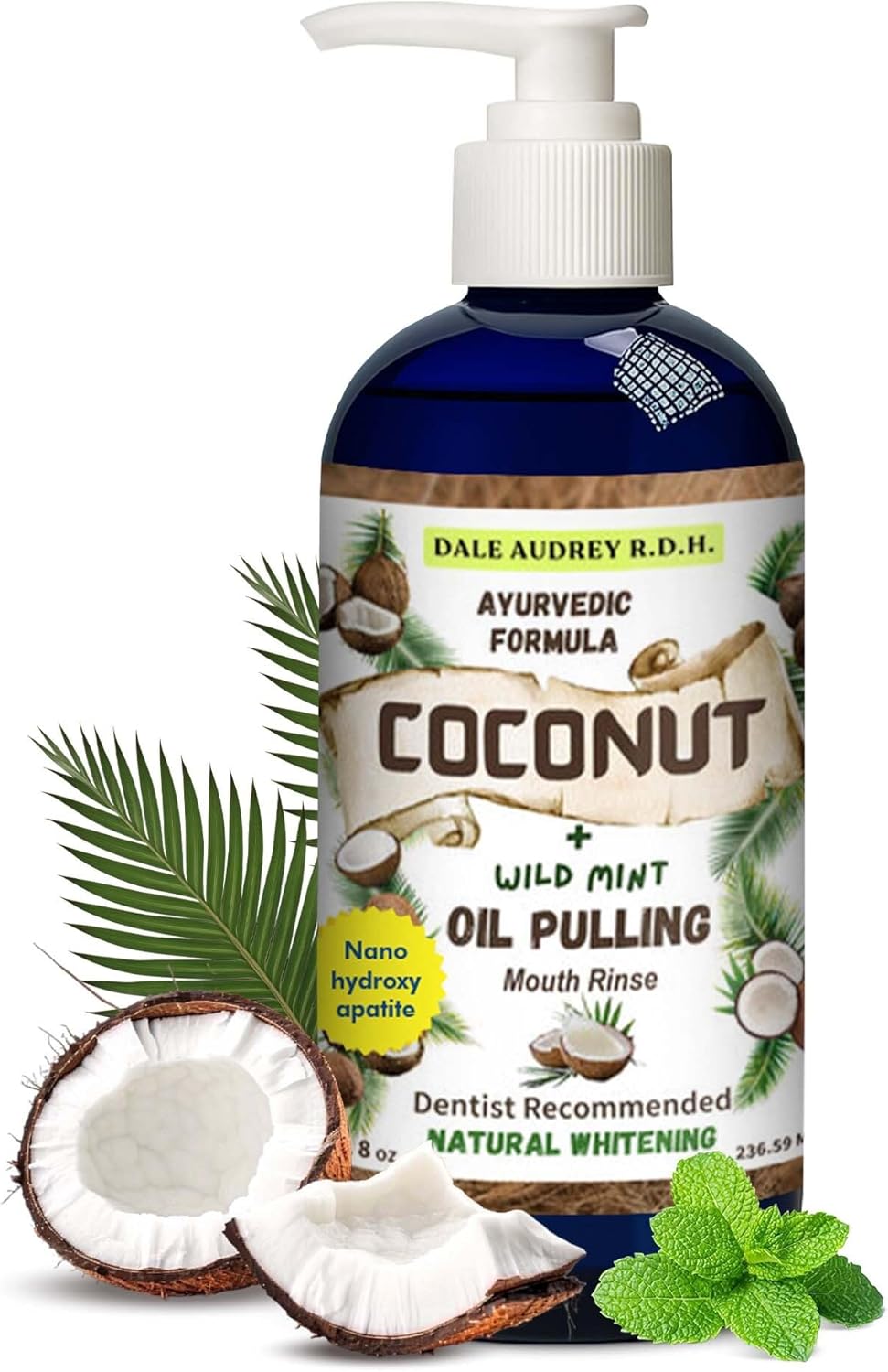 Ayurvedic Nano Hydroxyapatite Coconut Oil Pulling for Teeth and Gums, Made in USA Whitening Mouthwash Alcohol Free, Teeth Whitening Pulling Oil with Peppermint Oil, Fights Bad Breath & Plaque, 8 FL Oz