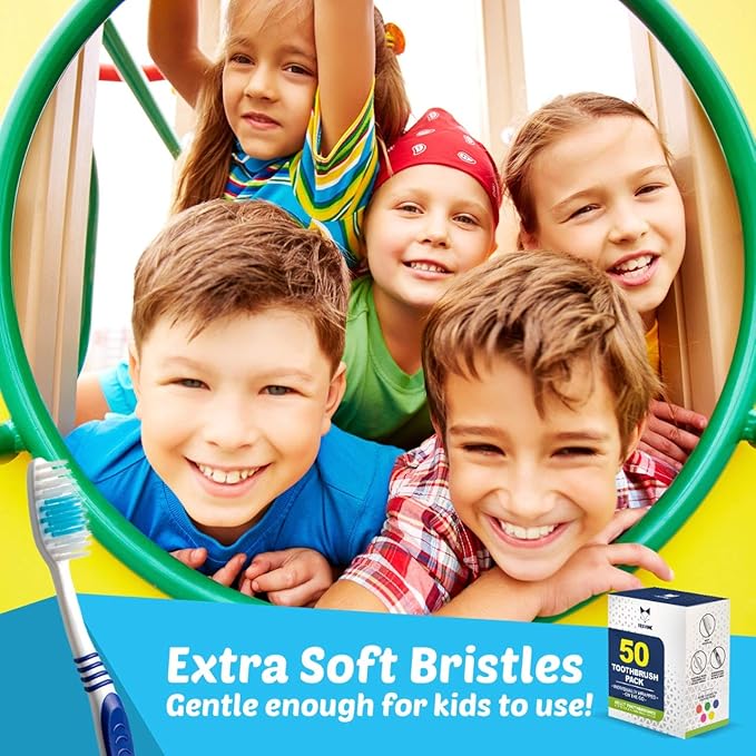 Bulk Toothbrushes 50 Pack | Individually Wrapped Travel Toothbrush Set for Adults & Kids | Made with a Medium-Soft Large Brush Head | BPA-Free & Disposable!