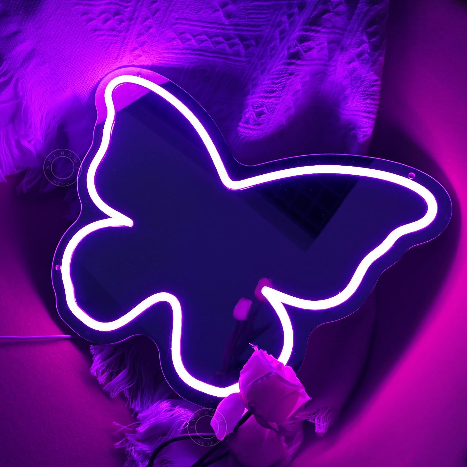 SYLHOME Butterfly Mirror Led Neon Light Sign Home Girls Bedroom Makeup Room Beauty Salon Studio Bar Wall Sign Decor Birthday Wedding Party Decoration 15.75" X 11.42" USB