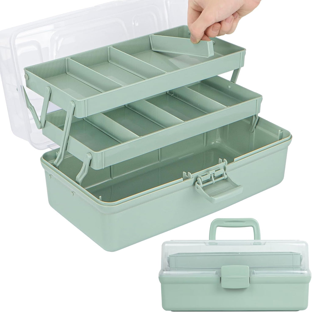 12.5in 3-Layer Multipurpose Craft Organizers and Storage with Adjustable Dividers, Portable Tackle Box, Folding Art & Craft Case for Medicine, Tool, Sewing Organizer (Haze Green)