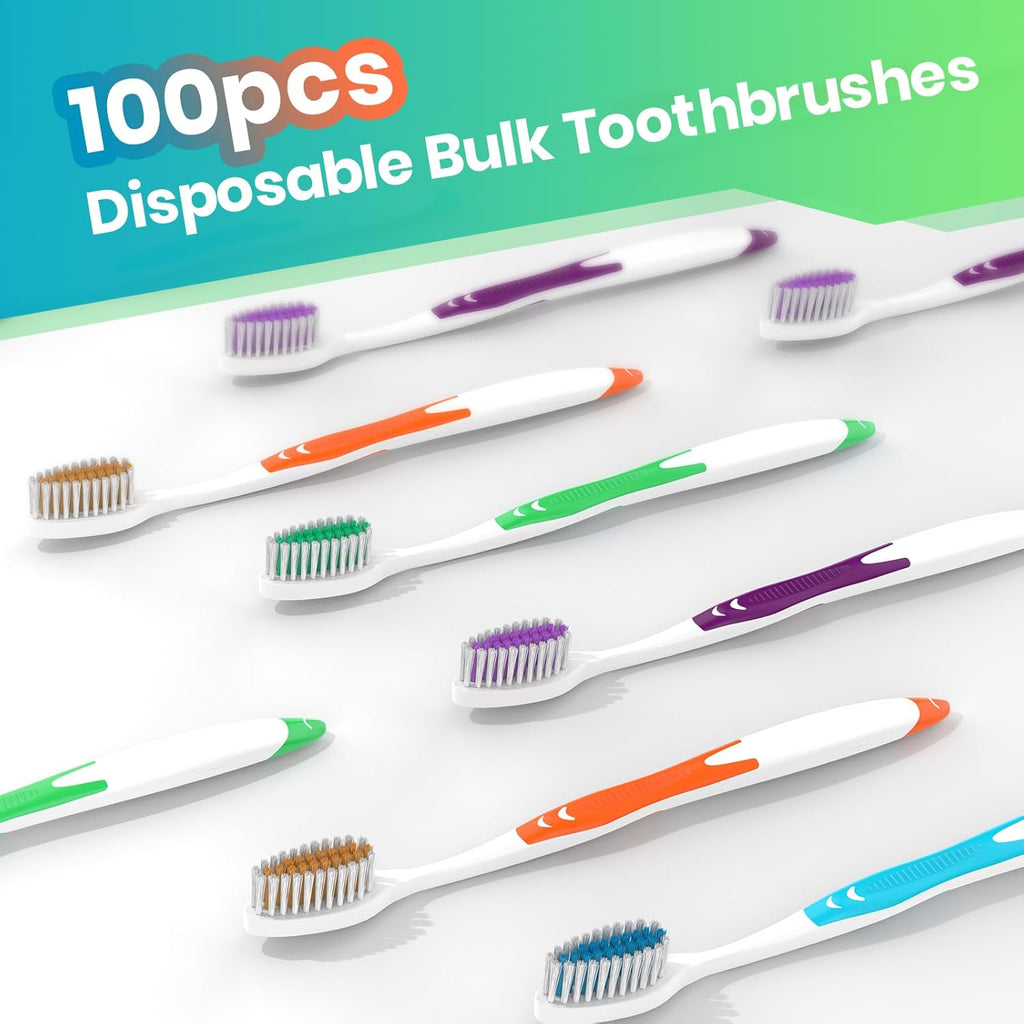 100 Pack Individually Wrapped Bulk Toothbrushes for Adults & Kids, Disposable Tooth Brush, Medium Soft Bristles for Travel, Donations, Hotels