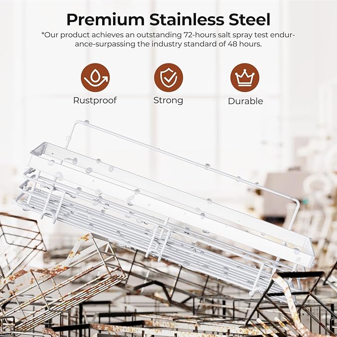 Orimade Shower Caddy with 5 Hooks for Hanging Razor and Sponge Adhesive Shower Shelf Basket Bathroom Storage Organizer Kitchen Rack No Drilling Stainless Steel Rustproof - 2 Pack,White