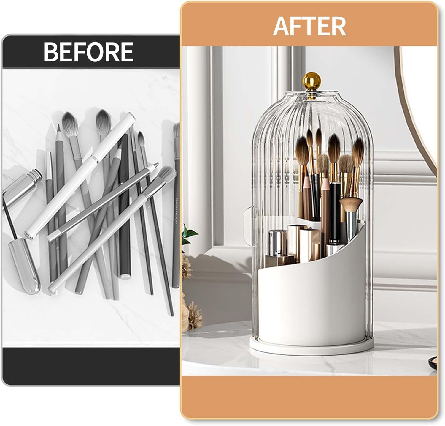 Sliding Lid Toothbrush Organizer, Toothbrush Holders with Sliding Lid, 360° Rotating Dustproof Concealed Toothbrush Holder, 3-Slot Varying Heights, Ideal for Bathroom, Makeup & Travel (Black)