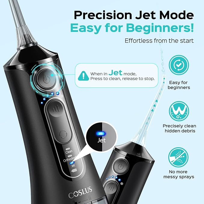 COSLUS Portable Water Flosser for Teeth: 3 Modes & 6 Pressure Settings with Jet Mode Water Dental Pick for Orthodontic, Braces, Sensitive Gums, Compact for Travel, 300ML for Multiple Users, Black C51