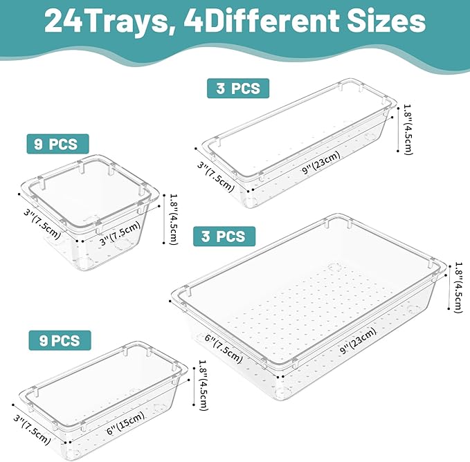 WOWBOX 24 PCS Clear Plastic Drawer Organizer Set, 4 Sizes Desk Drawer Organization and Storage Containers for Makeup, Cosmetics, Jewelry and Gadgets in Kitchen, Bathroom, Bedroom, Office, Clear