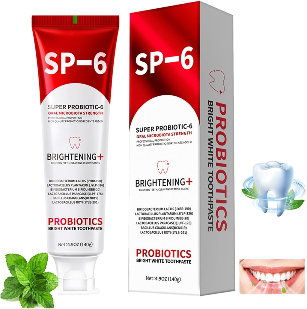 SP-6 Probiotics Whitening Toothpaste, 1 PC 6 Probiotics Enhanced Formula Brightening Toothpastes for Teeth Whitening and Gum Health, Fluoride-Free, Fresh Breath with Mint Flavor (1 PC)