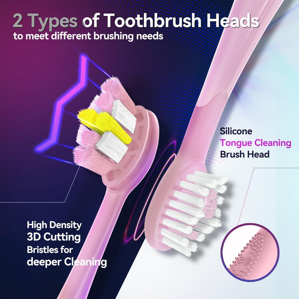 SEAGO Electric Toothbrush with 8 Soft Bristle Heads for Adults，Pressure Sensor, 5 Modes with 2 Minutes Build in Smart Timer,Rechargeable Travel Toothbrush with Brush Hold and Travel Case(2752Pink)
