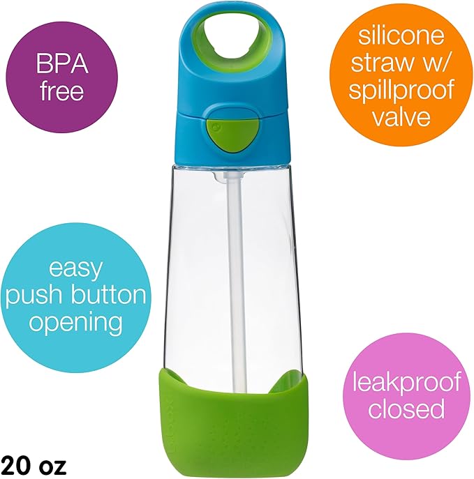 b.box 20oz Tritan Kids Water Bottle –Toddler Drink Bottle with Straw for School, Daycare, Travel w/Easy-Grip Triangular Design, Leak Proof Lid & Handle, BPA Free, Dishwasher Safe (Ocean Breeze)