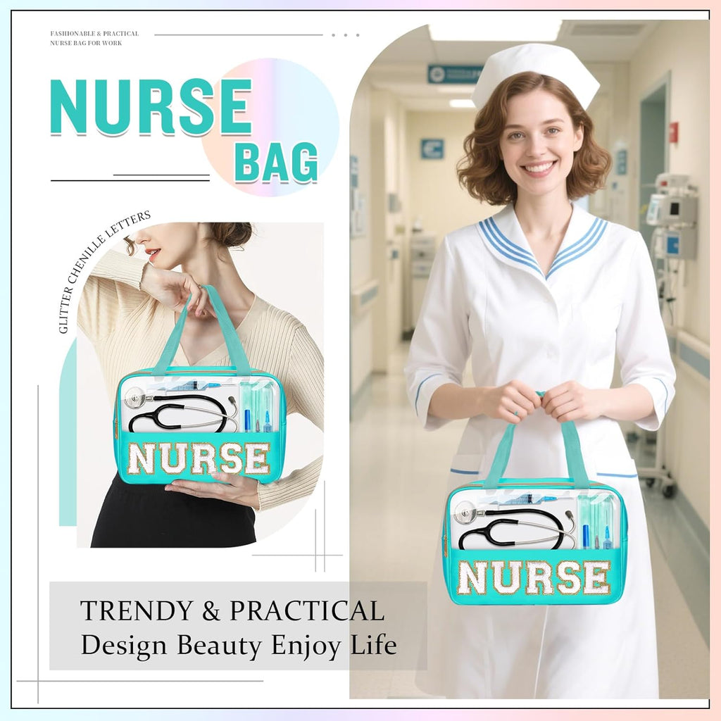 Nurses Week Gifts Chenille Letter NURSE Makeup Bag for Women,Preppy Nurse Cosmetic Pouch Zipper with Handle Nurse Essentials Bag for Work Supplies,Medical Assistant Bag Nursing Students(NURSE-Green)