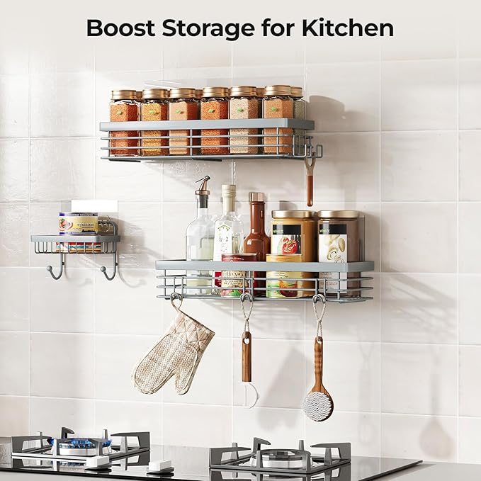 Orimade Adhesive Shower Caddy Soap Dish Holder Shelf with 5 Hooks Bathroom Organizer Basket Kitchen Storage Rack Wall Mounted No Drilling Stainless Steel - 3 Pack, Light Blue Grey