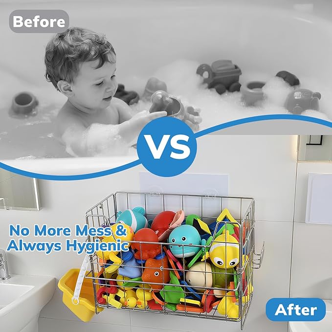 Umimile 304 Stainless Steel Bath Toy Holder - 8.6L Rustproof Baby Bathtub Toy Storage with Quick-Dry Drain Holes, Mold Resistant Design for Toys/Shampoo, 3-Way Mount (Wall, Hanging, Stand)