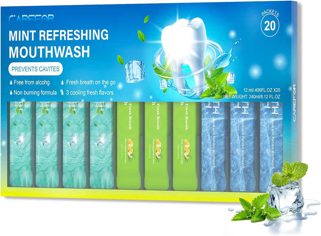 Travel Size Mouthwash Packets – Individual Mini, Alcohol & Fluoride Free, 3 Refreshing Flavors (Fresh Mint, ICY Mint, Grapefruit Mint) Fresh Oral Hygiene (20)