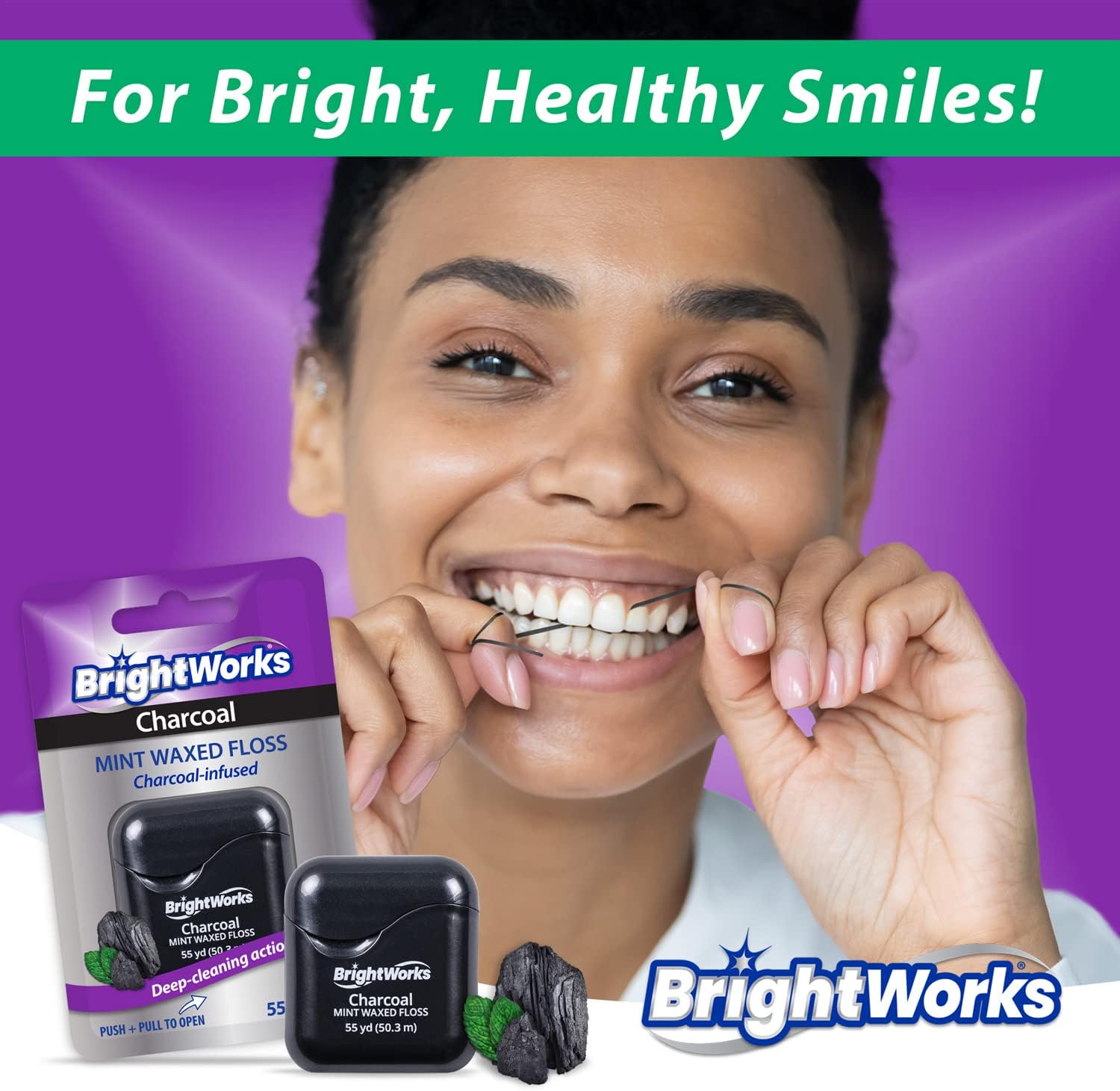 BrightWorks Activated Charcoal Dental Floss - 55 Yards (Pack of 4) - Infused Waxed with Natural Fresh Mint Flavor for Oral Care, Dental Hygiene, and Gum Health